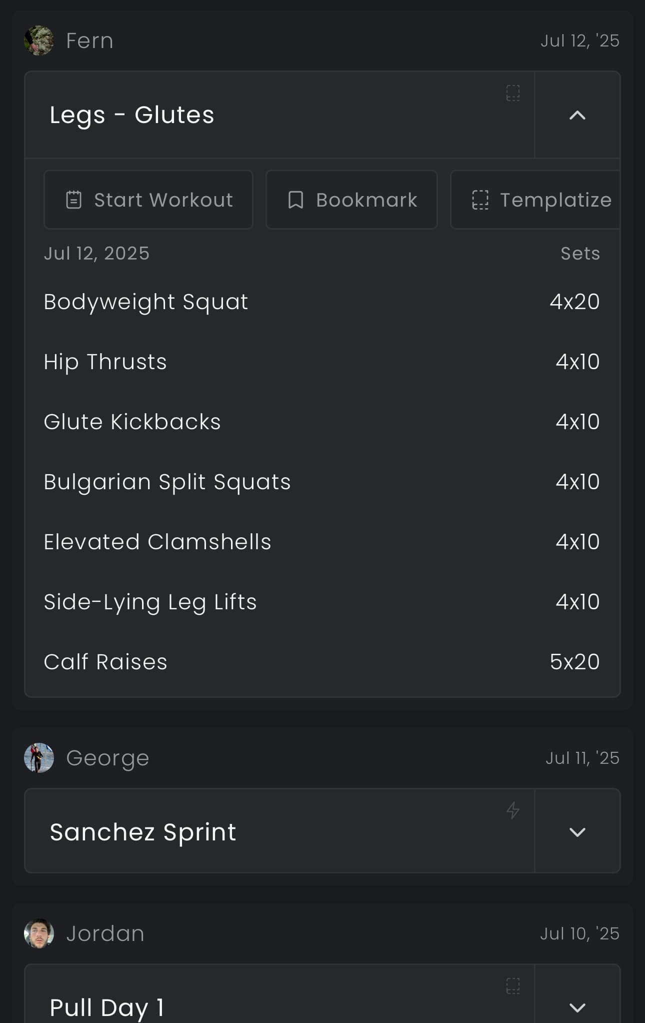 Community feed showing shared workouts and user achievements with social interactions