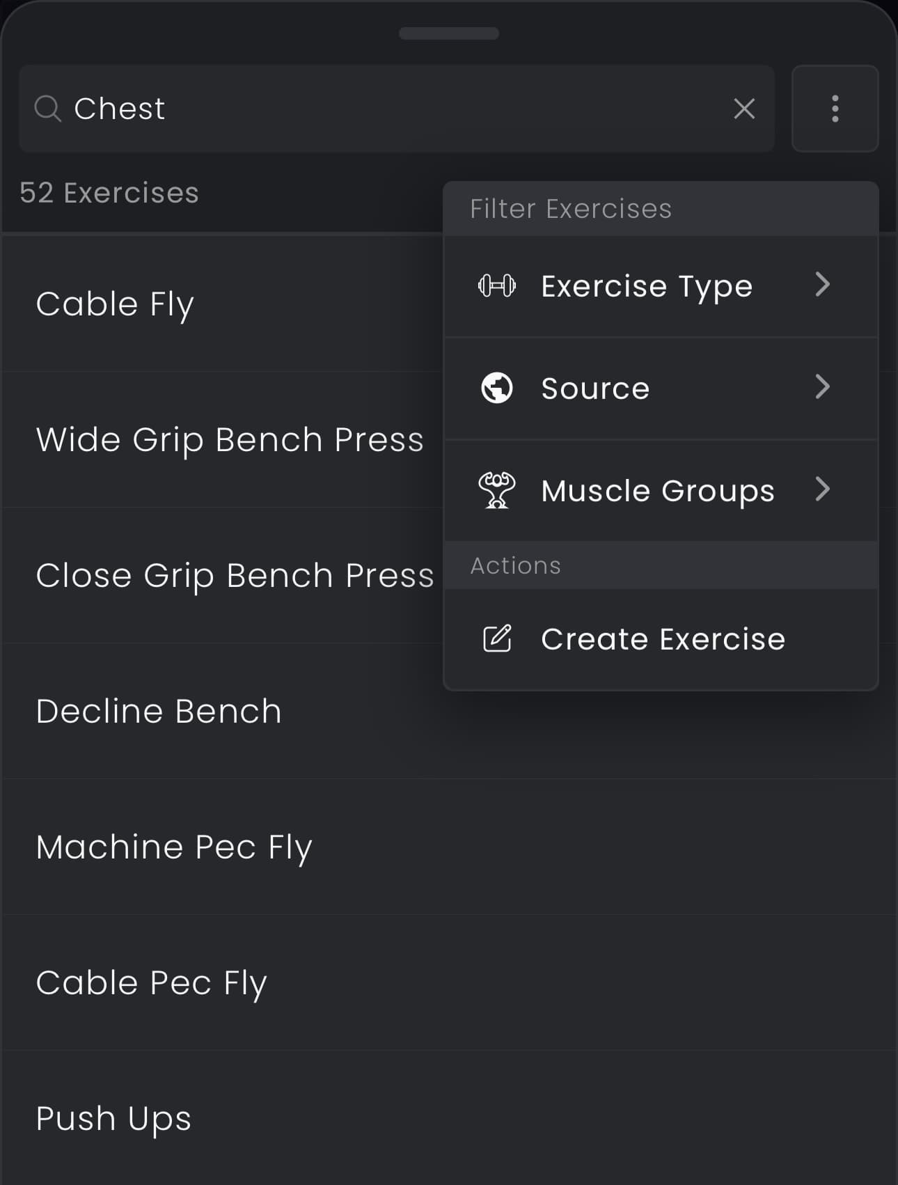 Custom exercise creation interface with muscle group selection and equipment options