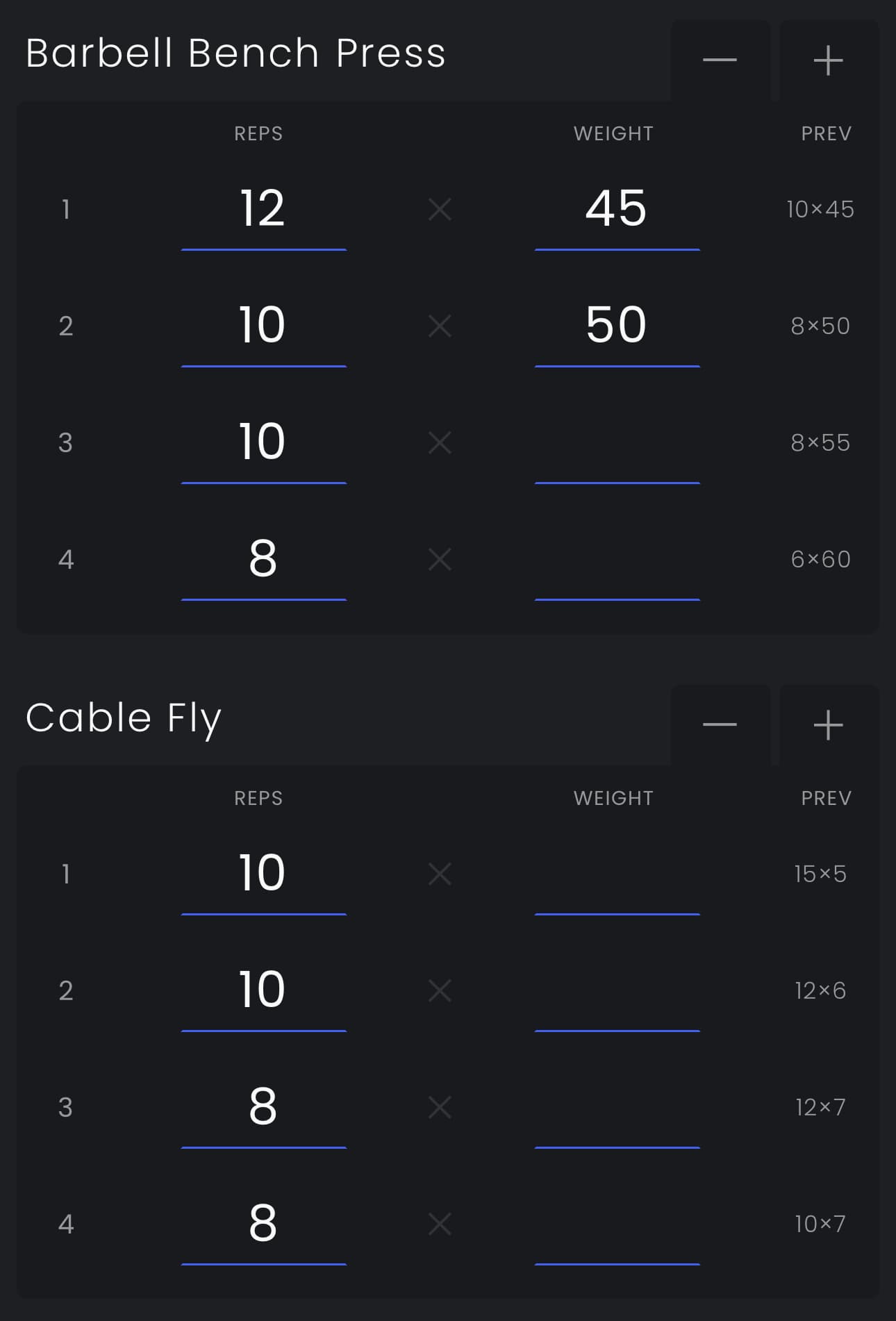 Workout tracking interface showing sets, reps, and weights with progress indicators