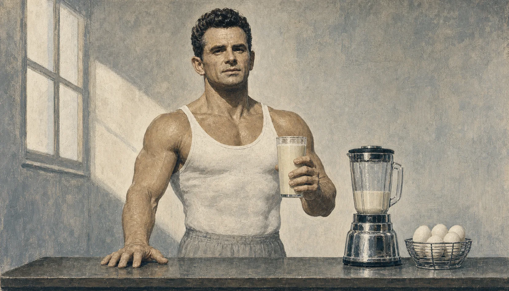 Vince Gironda preparing his egg-and-cream shake